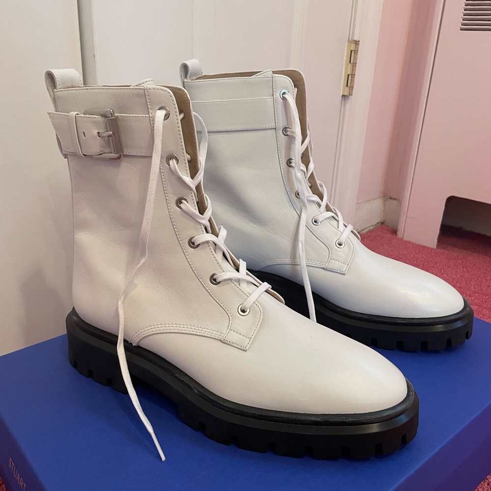 Stuart Weitzman White Ultra Lug Buckle Combat Boot